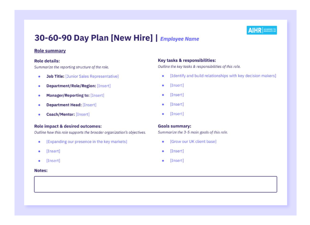 Screenshot of a 30-60-90 day plan template.