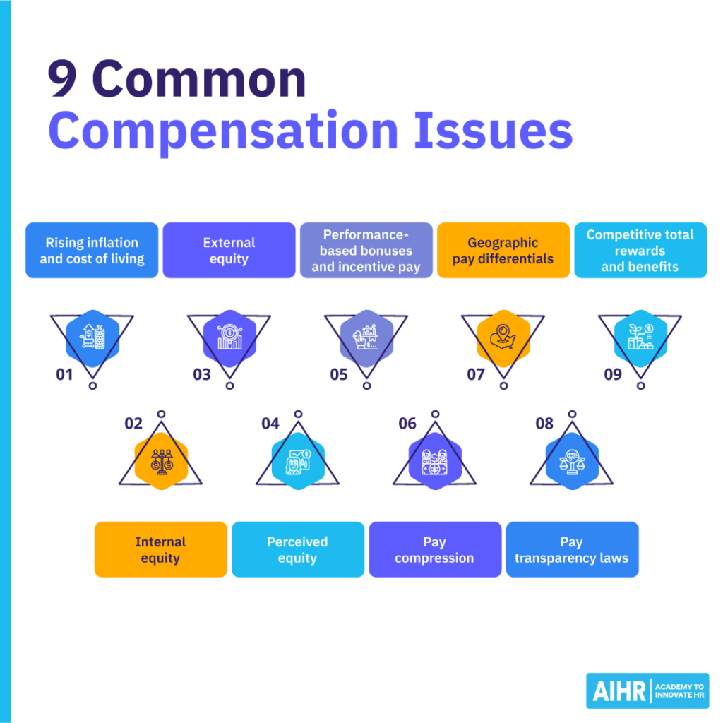 9 common compensation issues including inflation, equity, pay compression, incentive pay, and geographic pay differences.
