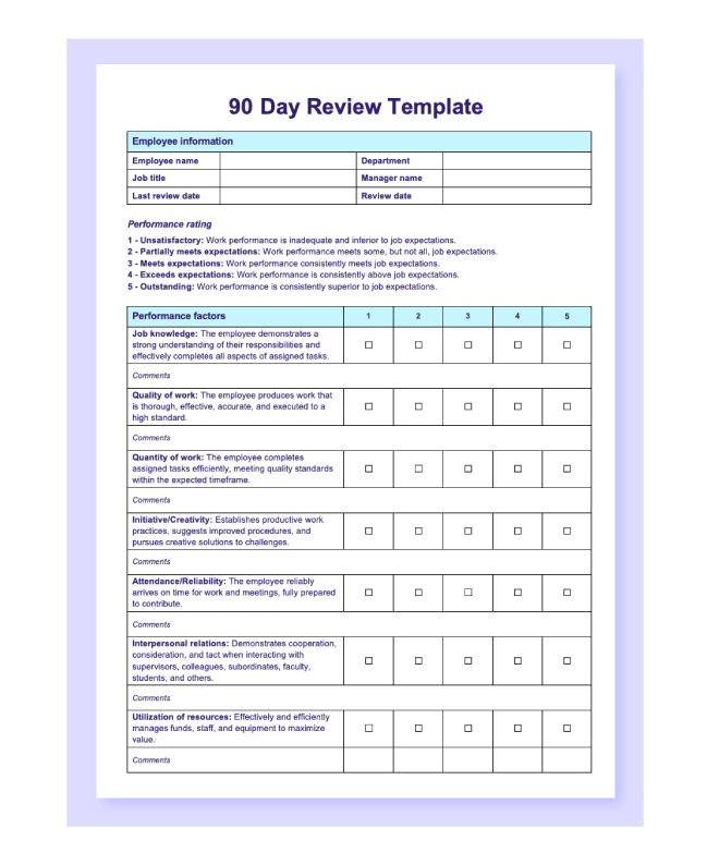 Preview of the 90 day review template.