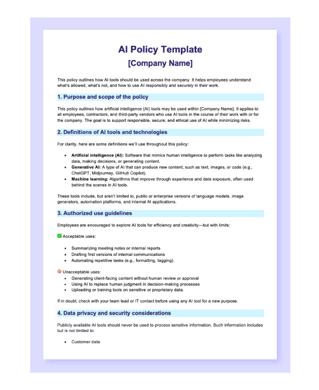 Preview of the AI policy template in a Word document.