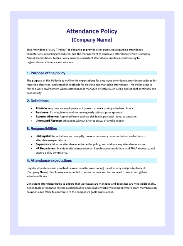 A preview of an attendance policy template