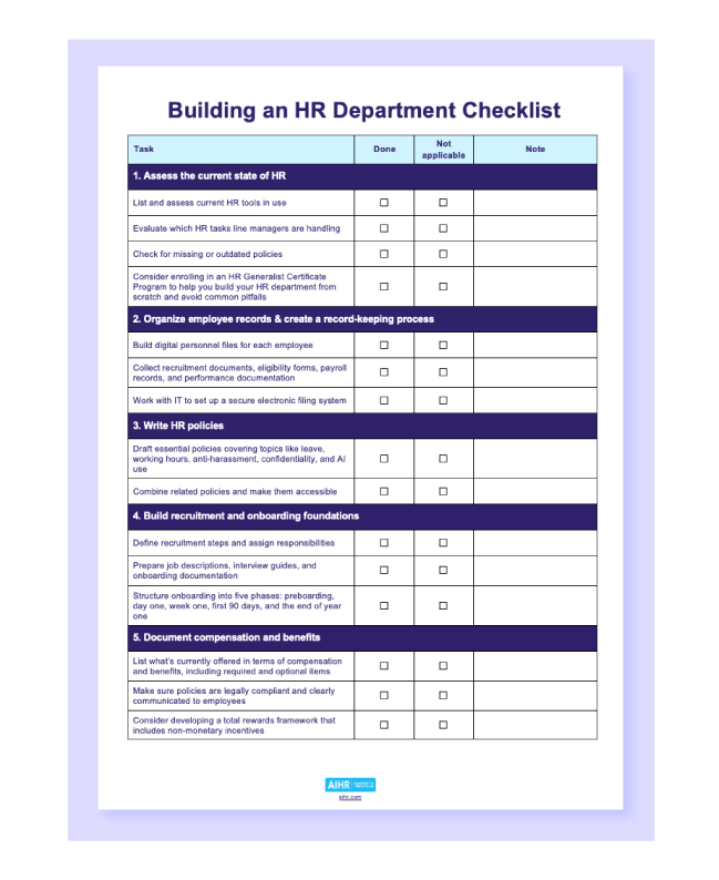 Preview of the “Building an HR department checklist” template in Word.