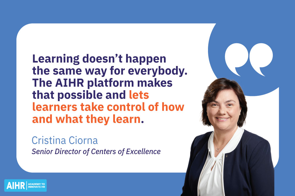 Testimonial from Cristina Ciorna on how AIHR supports personalized learning.