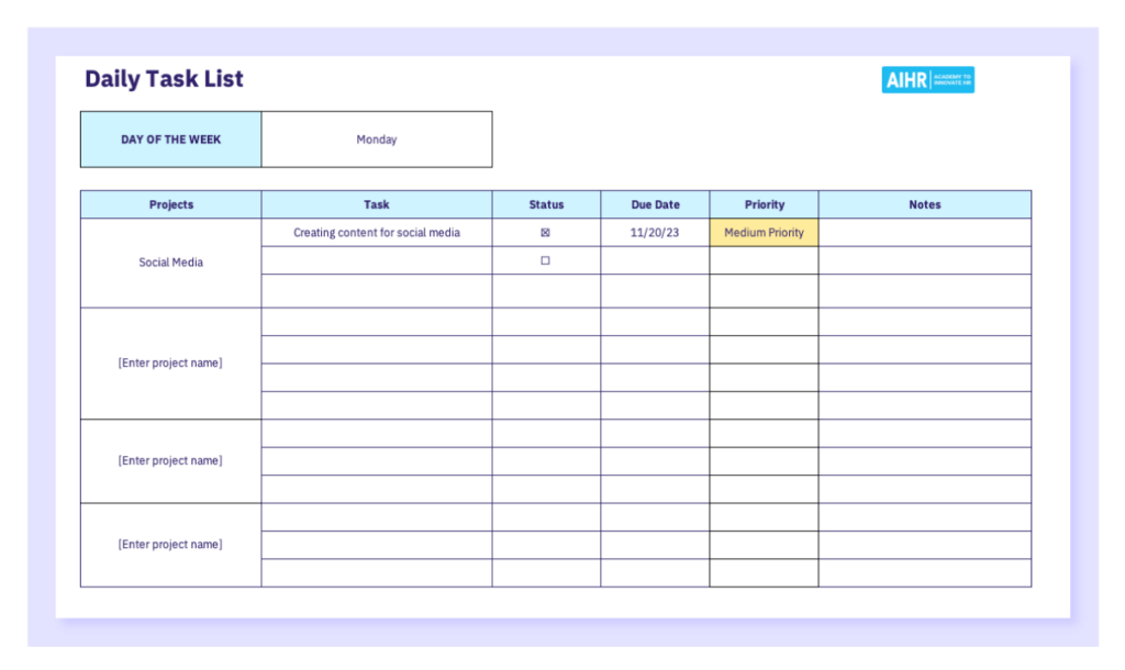 A preview of the daily task list template in Excel. 