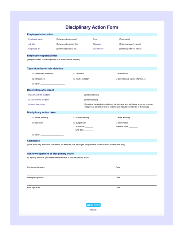A preview of a disciplinary action form.