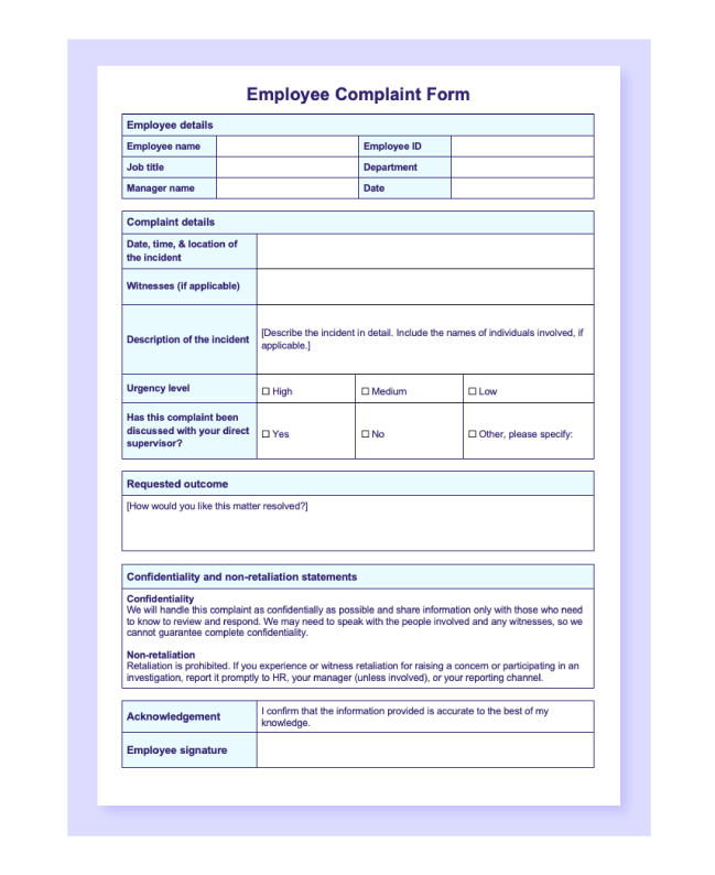 Preview of AIHR’s Employee Complaint Form in a Word format.