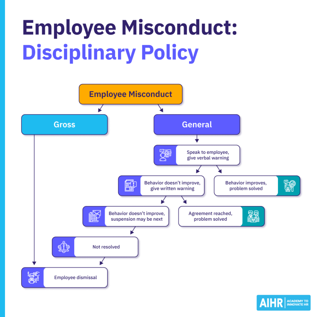 Disciplinary policy options for employee misconduct, divided into gross misconduct and general misconduct.