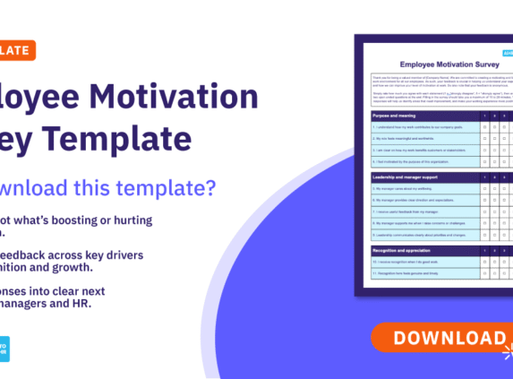 Promo graphic for a free employee motivation survey template, showing key benefits, a survey preview, and a Download button.”