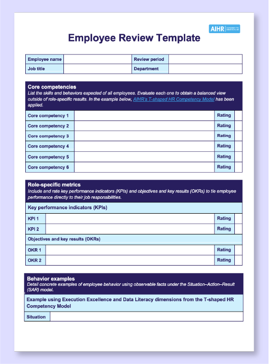 Preview of AIHR's employee review template in Word.