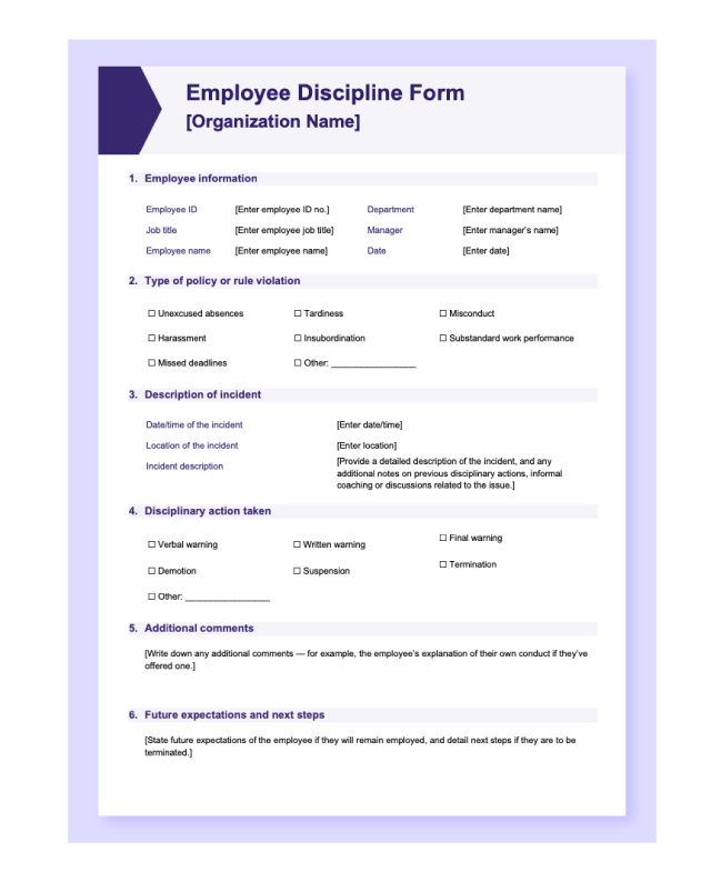 Preview of the “Employee discipline form” template in Word.