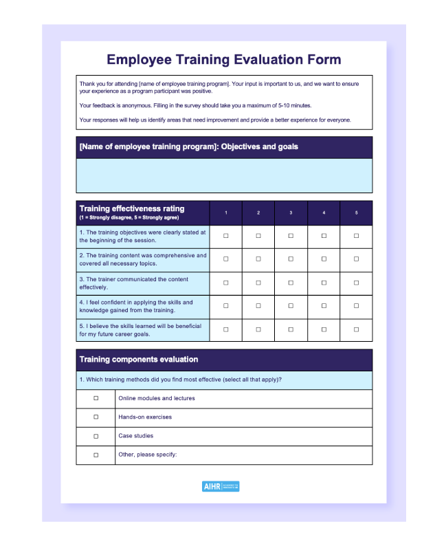 Employee training evaluation form preview.