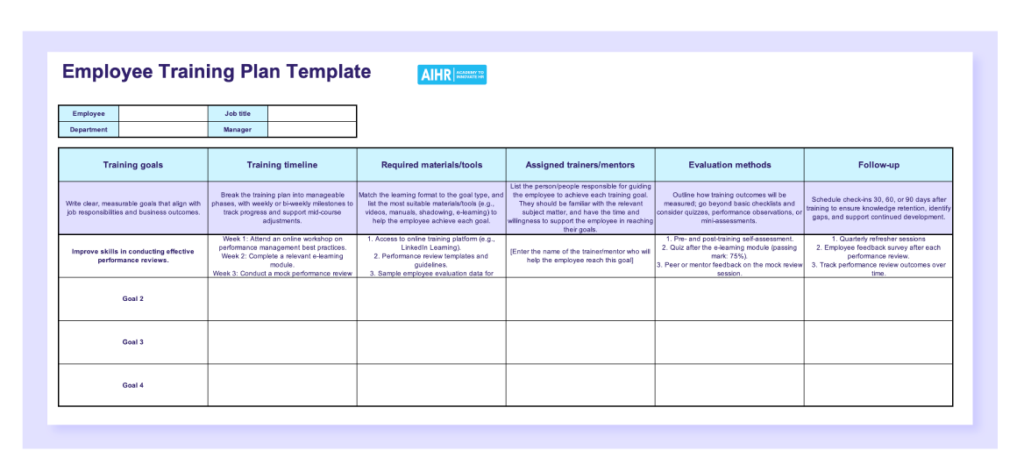 A preview of the employee training plan template in Excel.