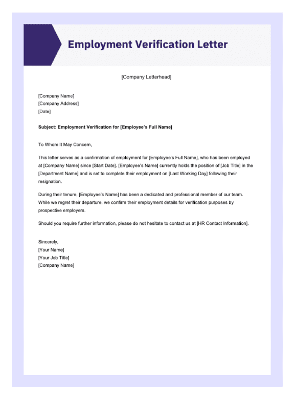 Preview of the employee verification letter in Word & PDF.