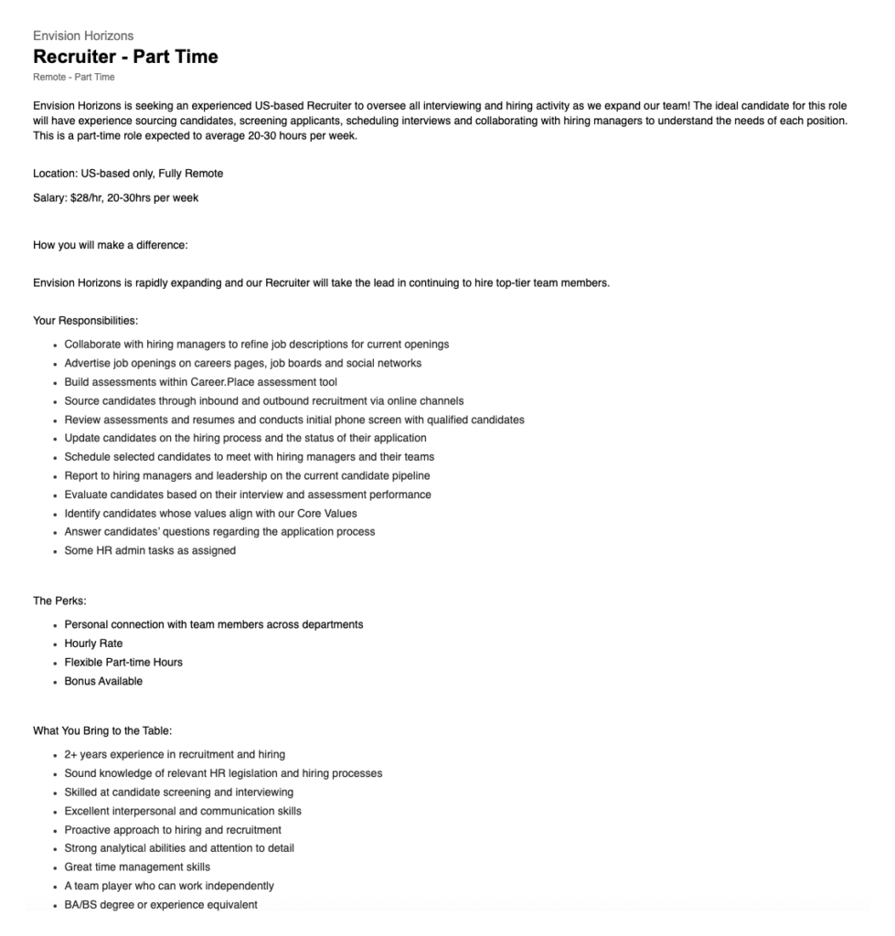 Envision Horizon’s Recruiter job description.