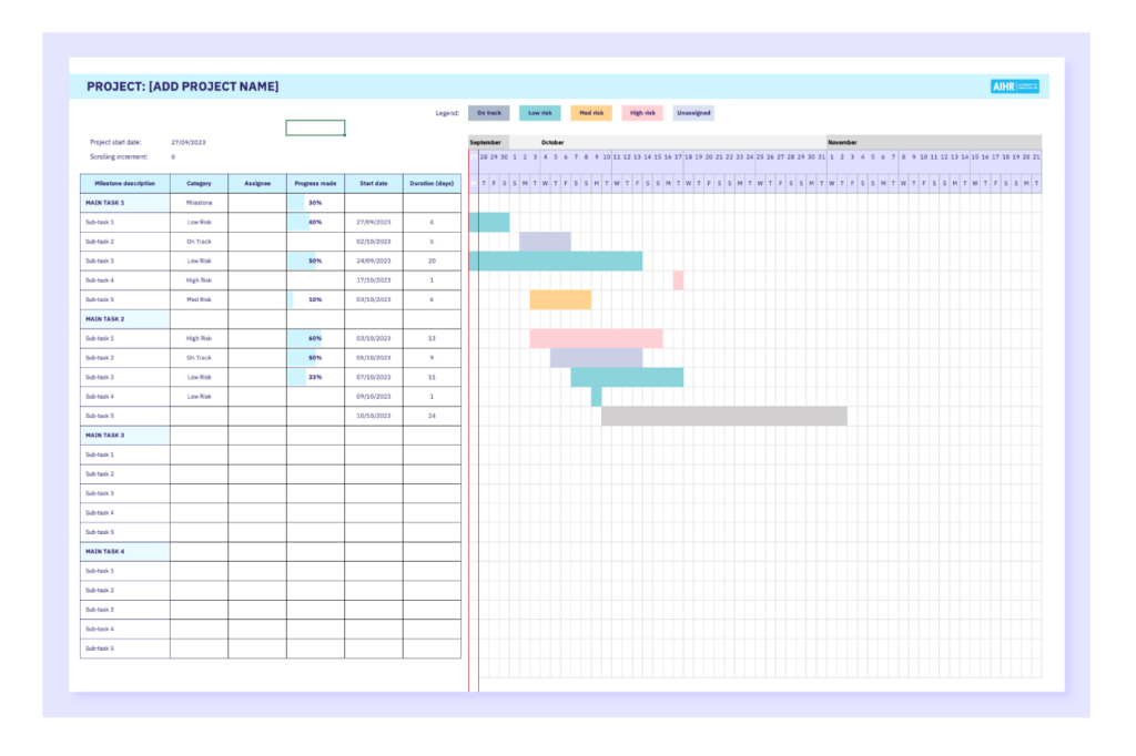 A preview of the Gantt chart task list template in Excel. 