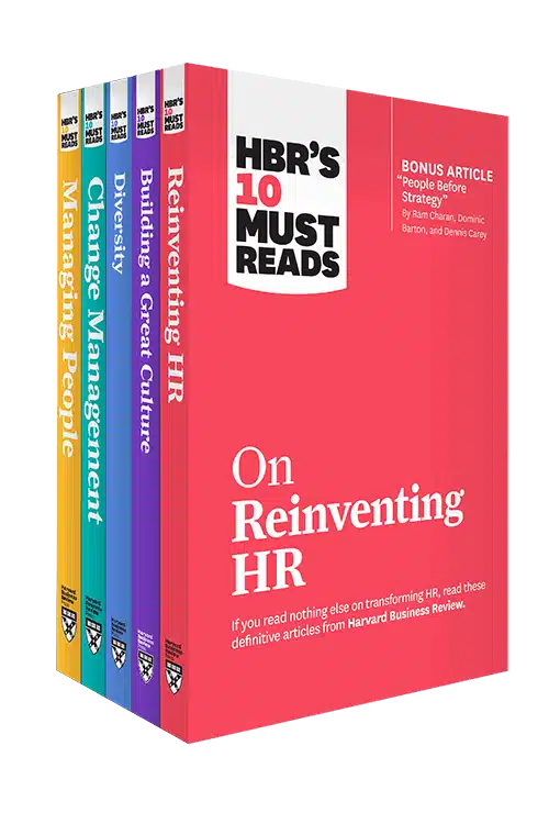 A set of five colorful books from "HBR's 10 Must Reads on Reinventing HR" series.