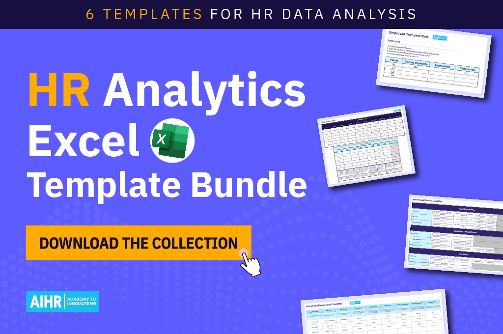 HR analytics Excel template bundle with six templates for analyzing turnover, recruiting, and compensation data.