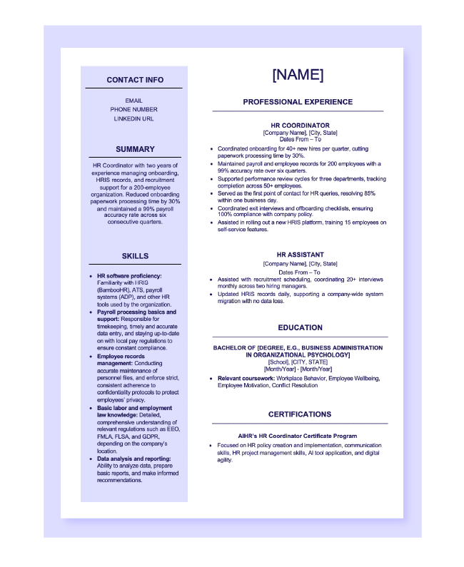 AIHR's HR Coordinator résumé template in Word.