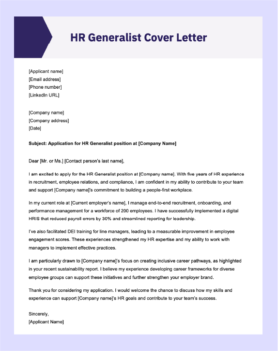 Screenshot of AIHR's HR Generalist cover letter template.