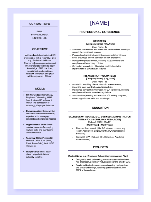 A preview of a one-page HR Generalist resume template.