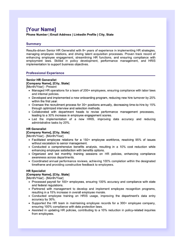 A preview of a two-page HR Generalist resume template.
