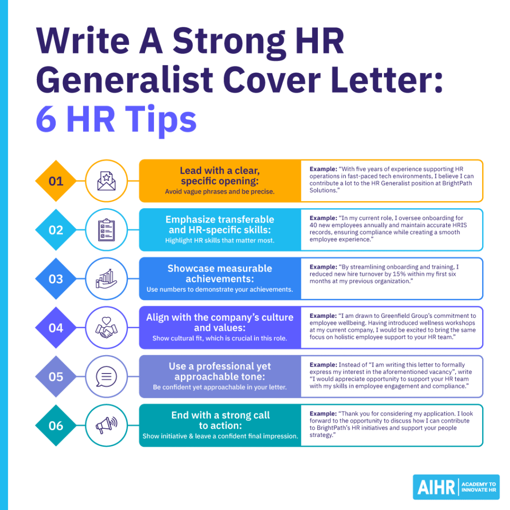 List of 6 tips on how to write a strong HR generalist cover letter.