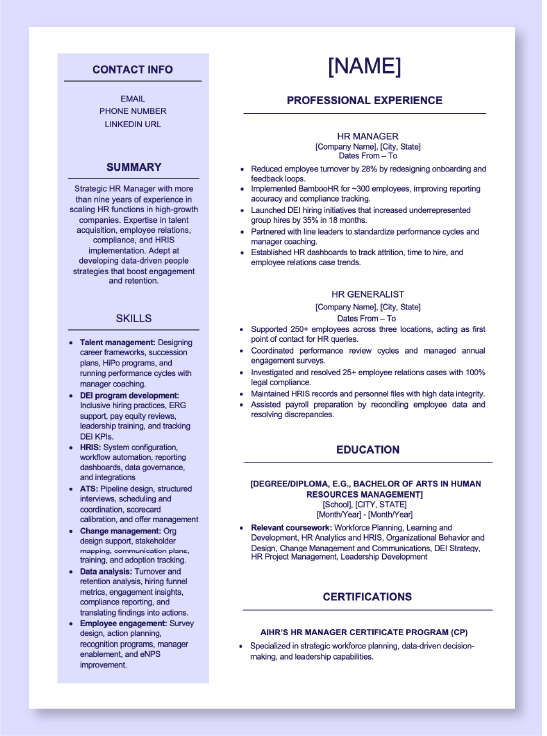 Screenshot of AIHR's HR Manager résumé template.