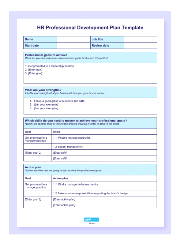 A preview of the HR professional development plan template.