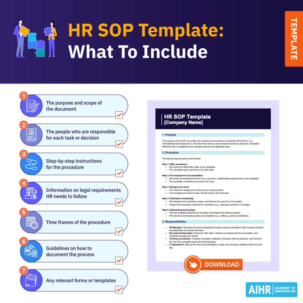 A robust HR SOP template should include step-by-step instructions of the procedure, time frames, and responsibilities.