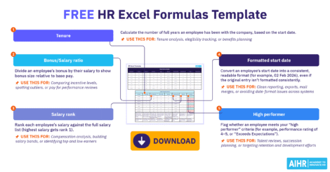 Free HR Excel formulas template featuring tenure, bonus ratio, salary rank, and high performer metrics with download button.