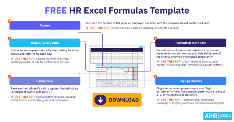 Free HR Excel formulas template featuring tenure, bonus ratio, salary rank, and high performer metrics with download button.