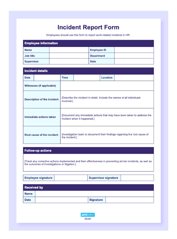 Preview of the incident report form template in a Word doc.