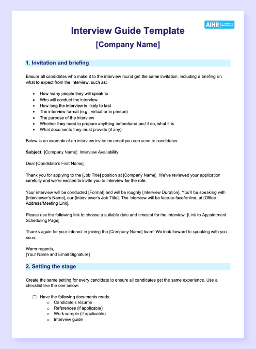 Screenshot of AIHR's interview guide template.