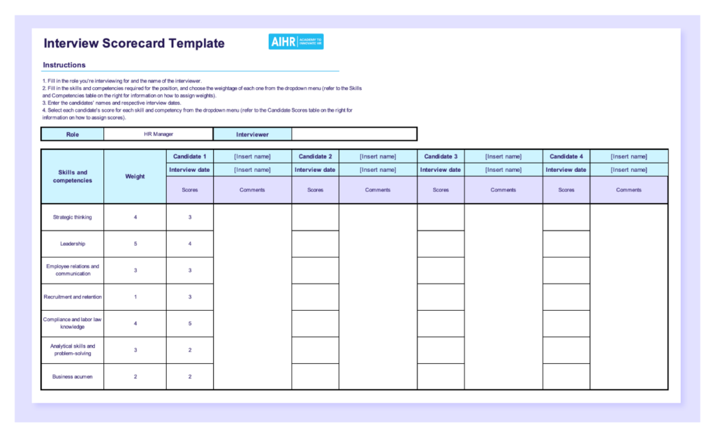 Preview of the interview scorecard template in Excel.