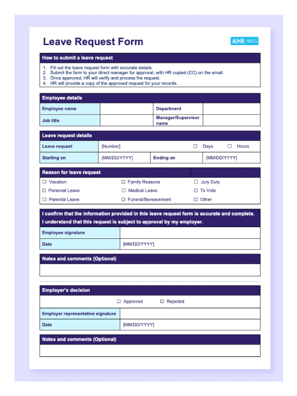 A preview of the leave request form template.