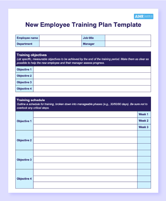 Screenshot of AIHR's new employee training plan template in Word.