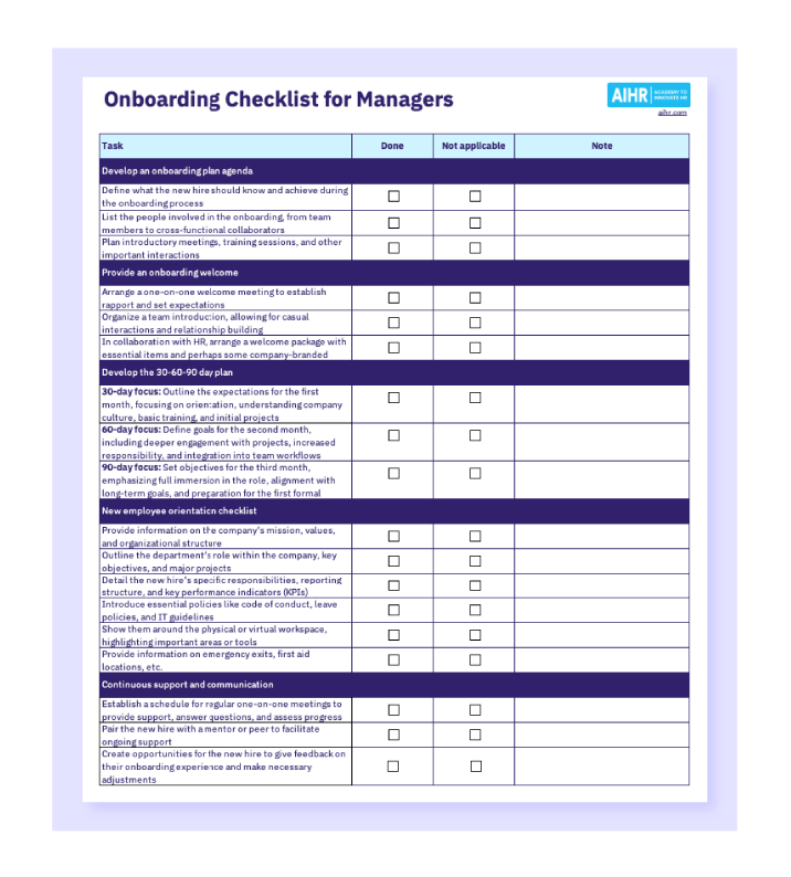 Screenshot of an onboarding checklist for managers.