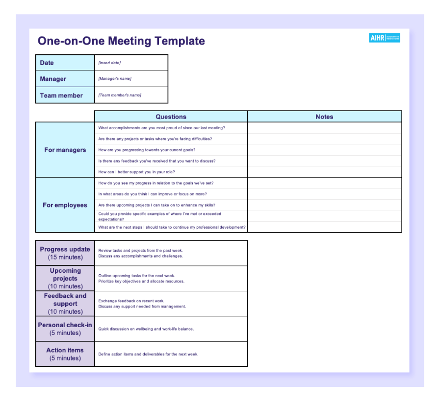 A preview of a one-on-one meeting template in Excel.