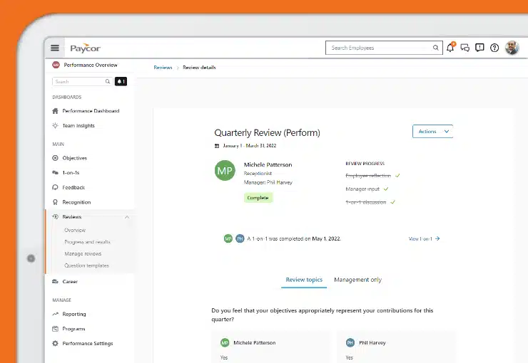 Screenshot of Paycor's performance review dashboard.