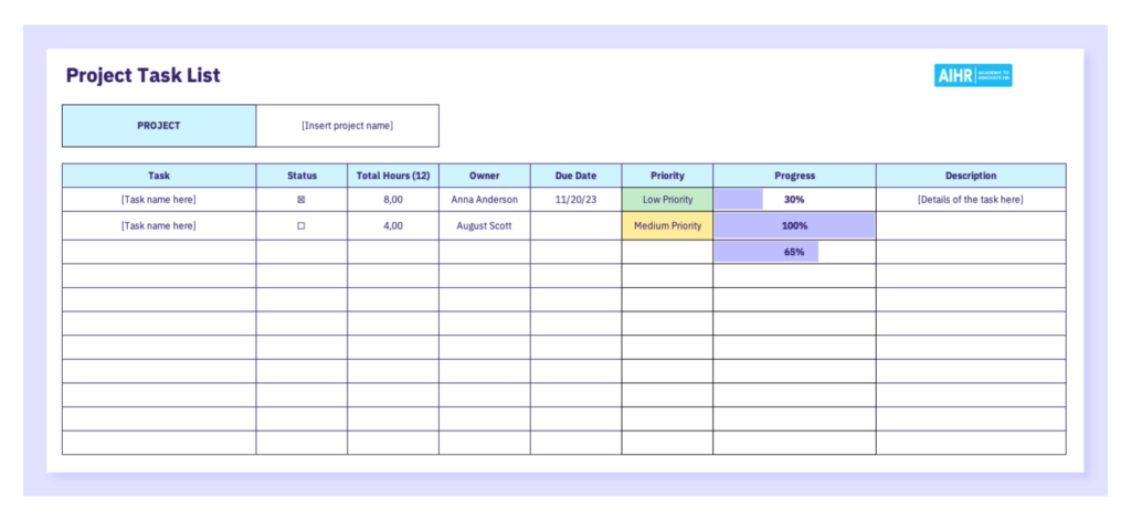 A preview of the project task list template in Excel. 