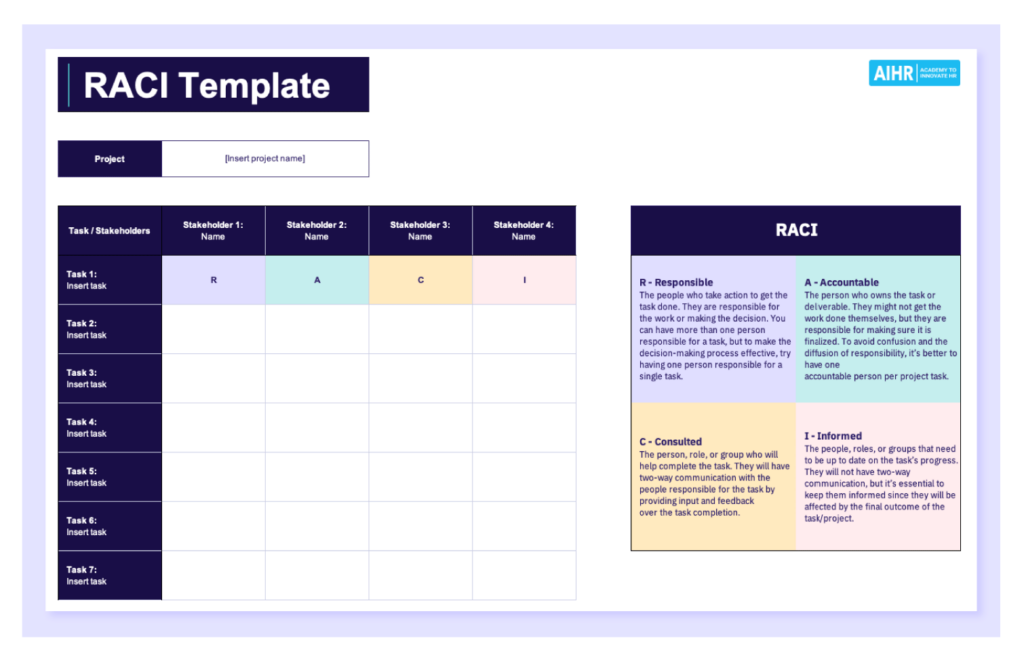 A preview of a RACI template in Excel.