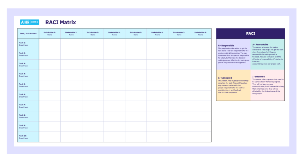 A preview of a RACI template in Excel.