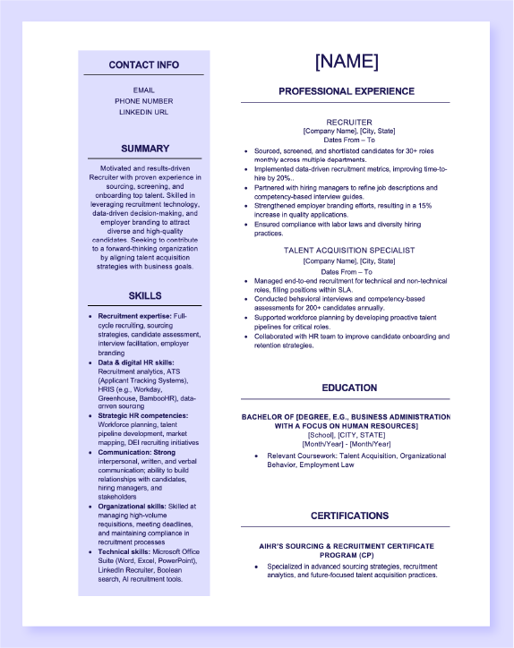 Preview of the Recruiter résumé template in Word.