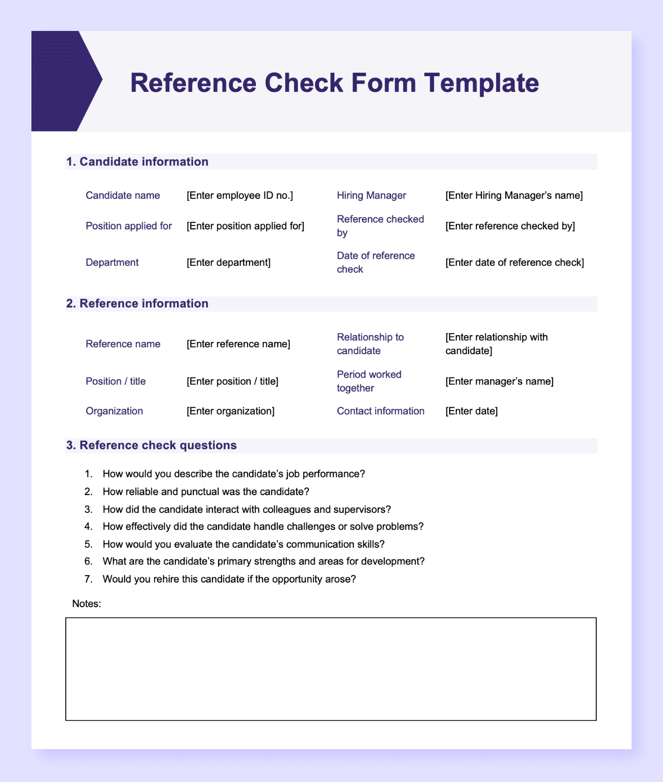 Screenshot of AIHR's reference check form template.