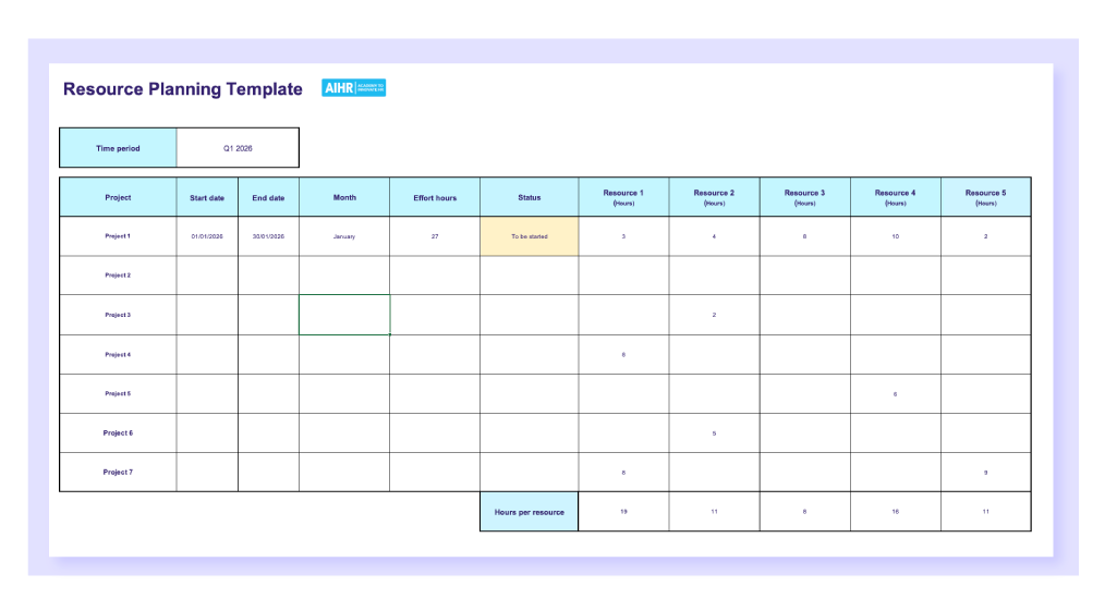 Preview of the resource planning template in Excel.