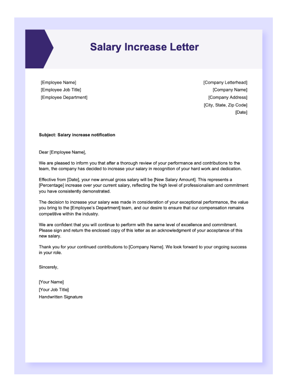A preview of a salary increase letter template in Word.