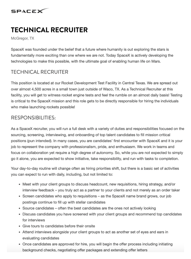 SpaceX’s Technical Recruiter job description.