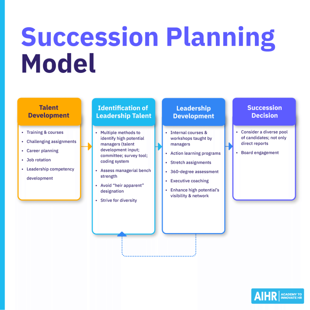 Succession planning model covering talent development, leadership talent identification, leadership development, and decisions.