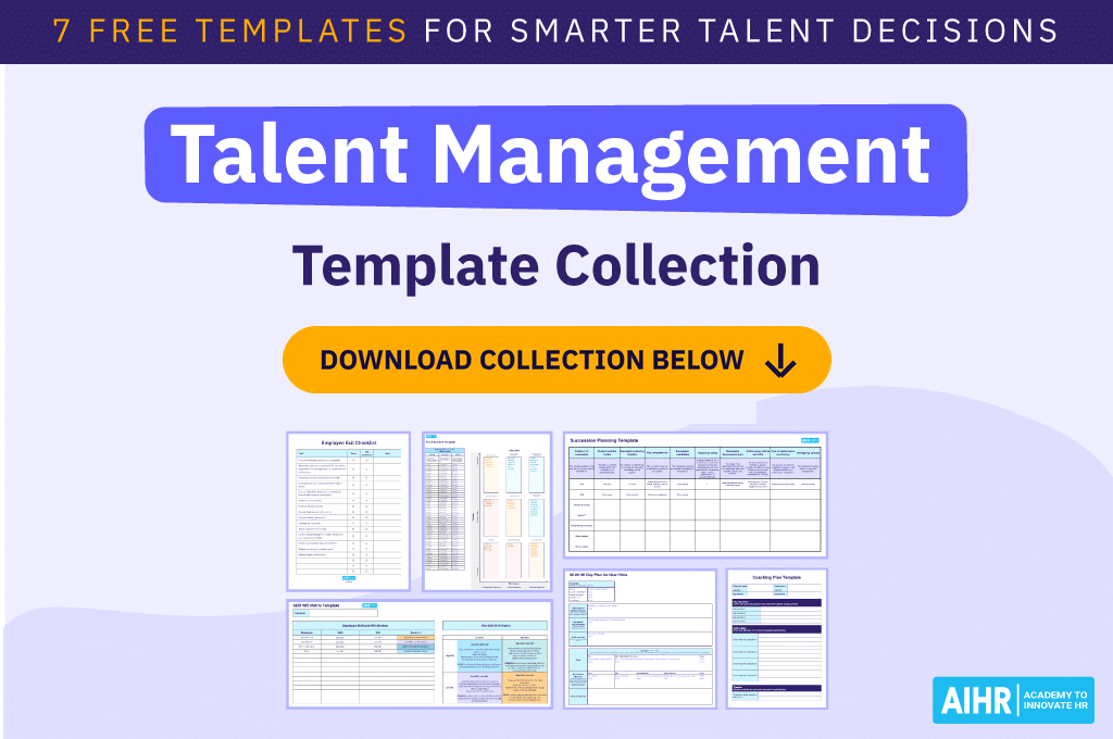 Talent management template collection with previews of 7 free talent decision templates and a download button.