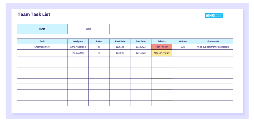 A preview of the team task list template in Excel.